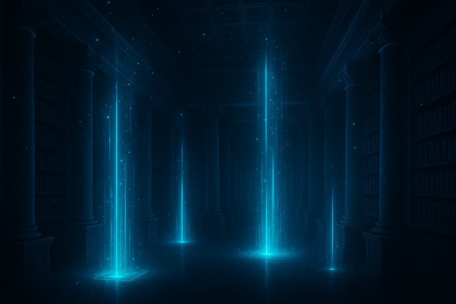An ancient classical hall lit by futuristic holographic beams of cyan light