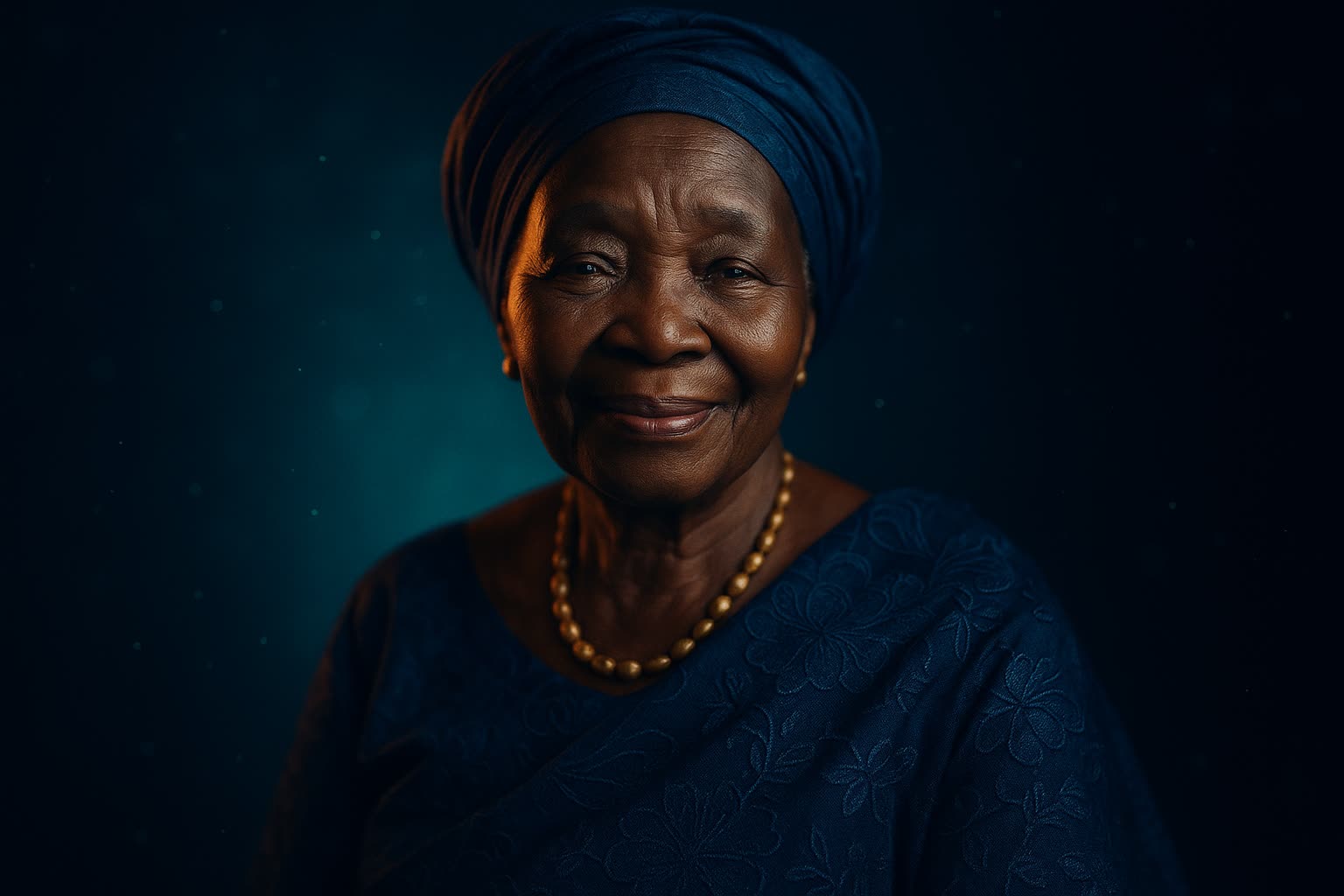 Portrait of Stephanie, a warm and dignified Ghanaian mother, smiling gently